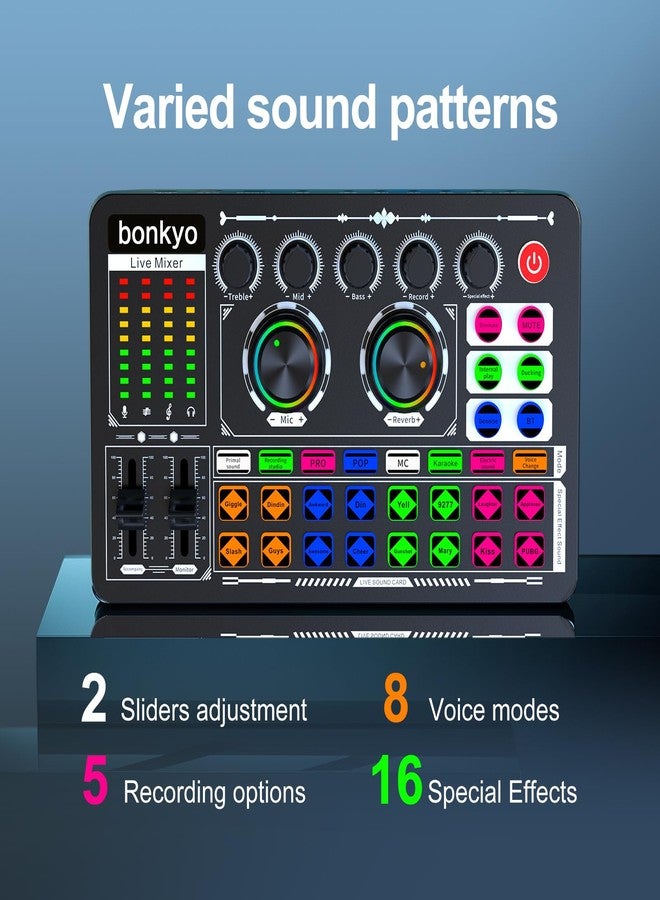 بطاقة صوت Bonkyo F999 - خلاط صوت USB للألعاب والبث المباشر والبودكاست والغناء - متوافقة مع أنظمة iOS وWindows وAndroid - صوت محيطي 5.1 - Image 2