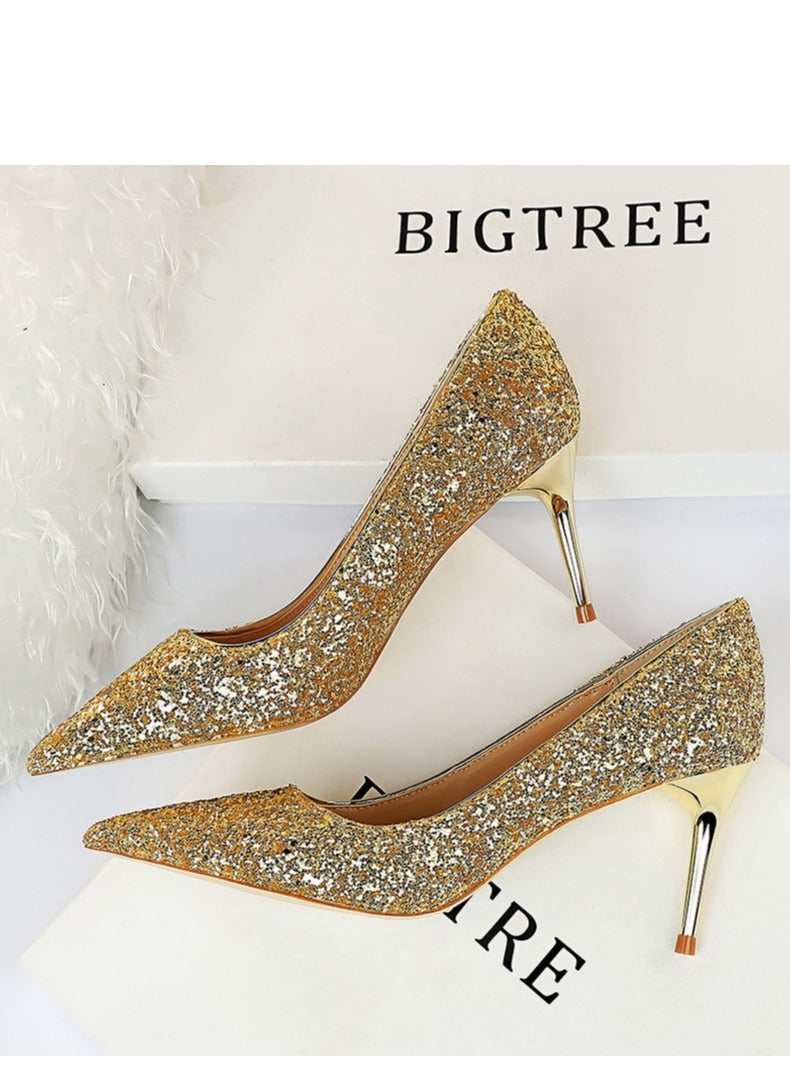BIGTREE 7.5CM European-Style Women's Shallow Mouth Pointy Glitter Slim Heels Gold - Image 1