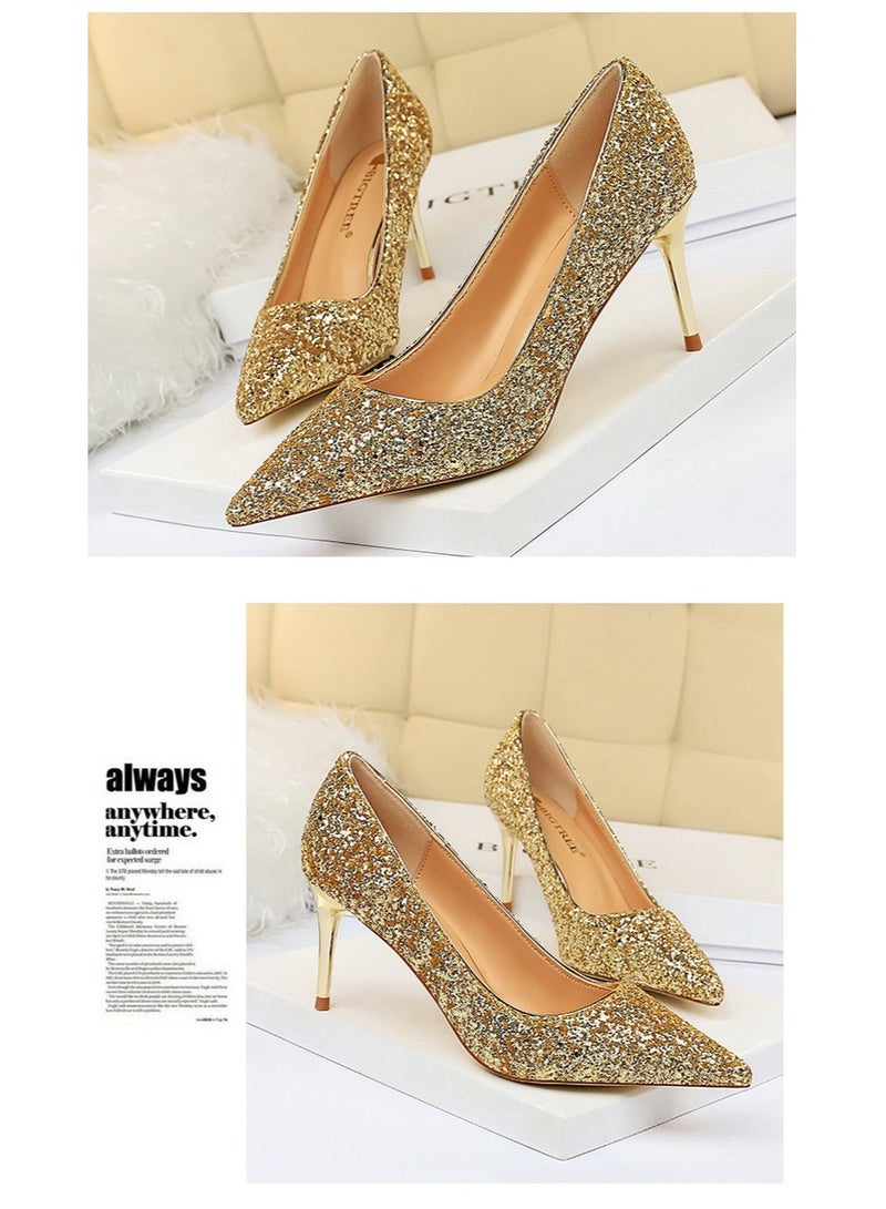 BIGTREE 7.5CM European-Style Women's Shallow Mouth Pointy Glitter Slim Heels Gold - Image 2