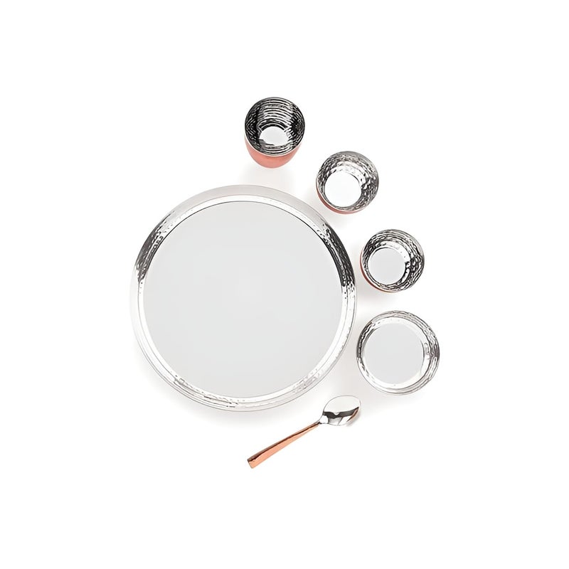 Real Stainless Steel Art Copper Coated Hammered Finish Dinner Set of 1 Thali 1Sweet Plate 2 Bowl 1 Glass 1 Spoon Thali Diameter 30Cm Set of 6 - Image 2