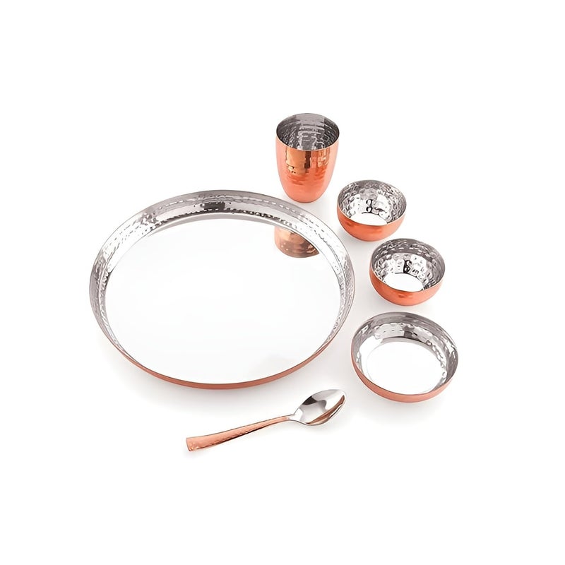 Real Stainless Steel Art Copper Coated Hammered Finish Dinner Set of 1 Thali 1Sweet Plate 2 Bowl 1 Glass 1 Spoon Thali Diameter 30Cm Set of 6 - Image 1