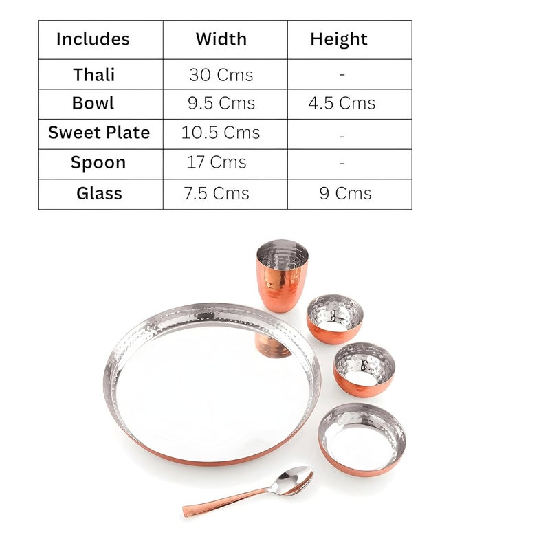 Real Stainless Steel Art Copper Coated Hammered Finish Dinner Set of 1 Thali 1Sweet Plate 2 Bowl 1 Glass 1 Spoon Thali Diameter 30Cm Set of 6 - Image 3