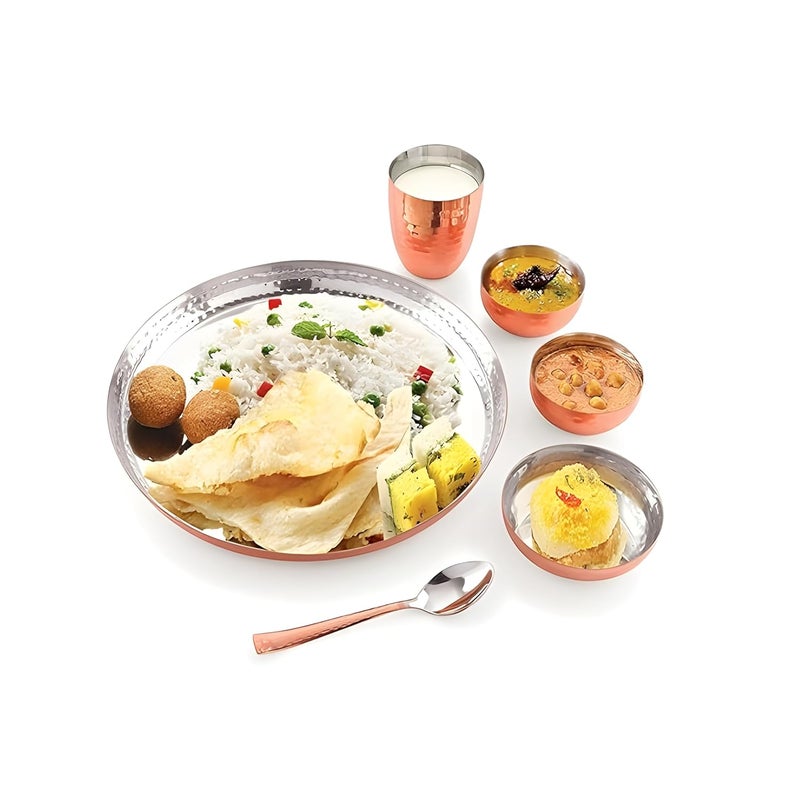 Real Stainless Steel Art Copper Coated Hammered Finish Dinner Set of 1 Thali 1Sweet Plate 2 Bowl 1 Glass 1 Spoon Thali Diameter 30Cm Set of 6 - Image 4