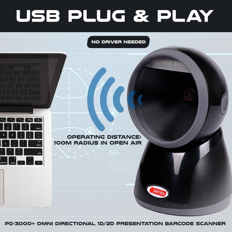 REXSOL PD-3000+ Omni Directional 1D/2D Presentation Barcode Scanner BIS Approved USB Optical Laser High Speed Wired Reader for Warehouse Supermarket POS System (1 Pc) - Image 3