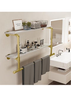 Industrial Pipe Clothes Rail with Shelf Wall Mounted Clothing Rack Wall Hanging Clothes Display Rack with 2 Tier Shelves Clothes Rail Wall Clothing Rail Pole with Shelves for Bedroom