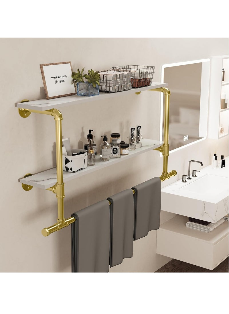 Generic - Industrial Pipe Clothes Rail with Shelf Wall Mounted Clothing Rack Wall Hanging Clothes Display Rack with 2 Tier Shelves Clothes Rail Wall Clothing Rail Pole with Shelves for Bedroom - Image 1
