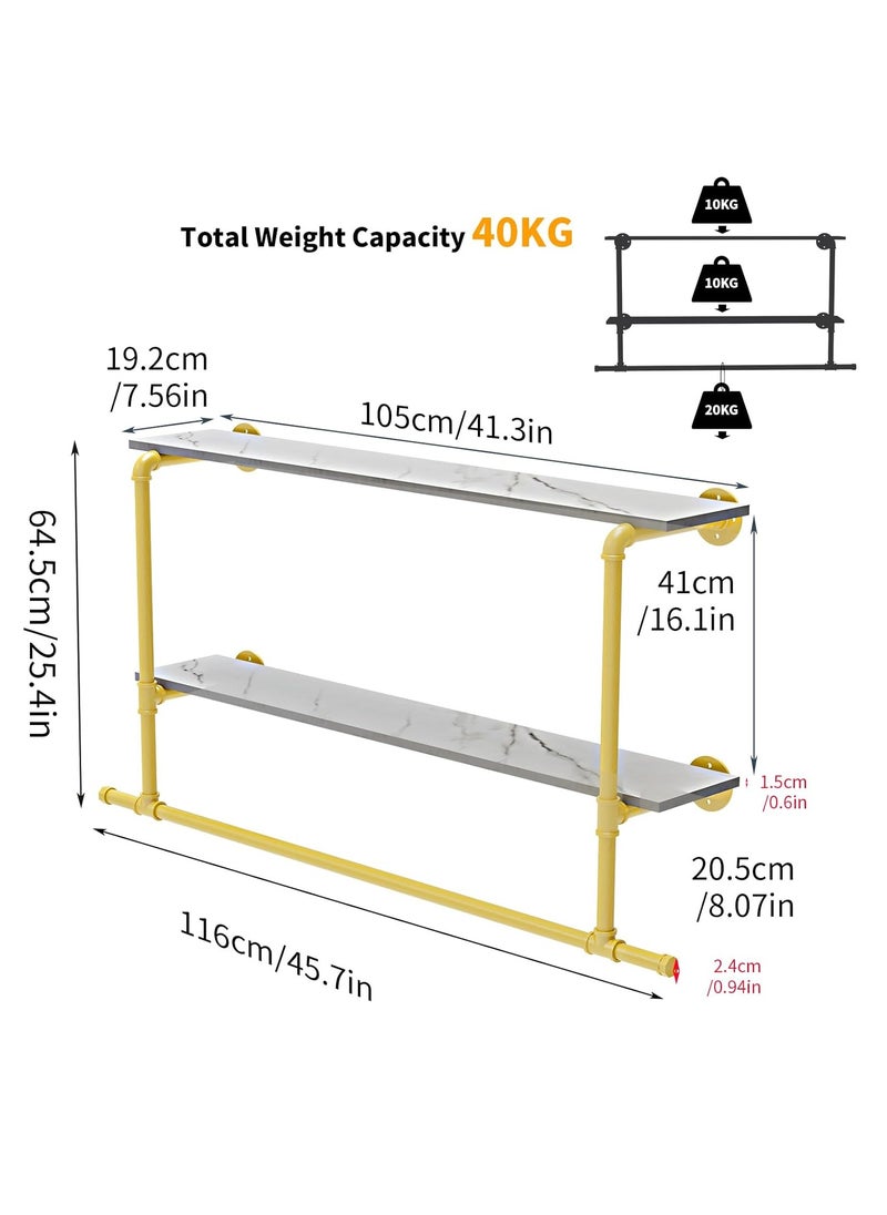 Generic - Industrial Pipe Clothes Rail with Shelf Wall Mounted Clothing Rack Wall Hanging Clothes Display Rack with 2 Tier Shelves Clothes Rail Wall Clothing Rail Pole with Shelves for Bedroom - Image 1