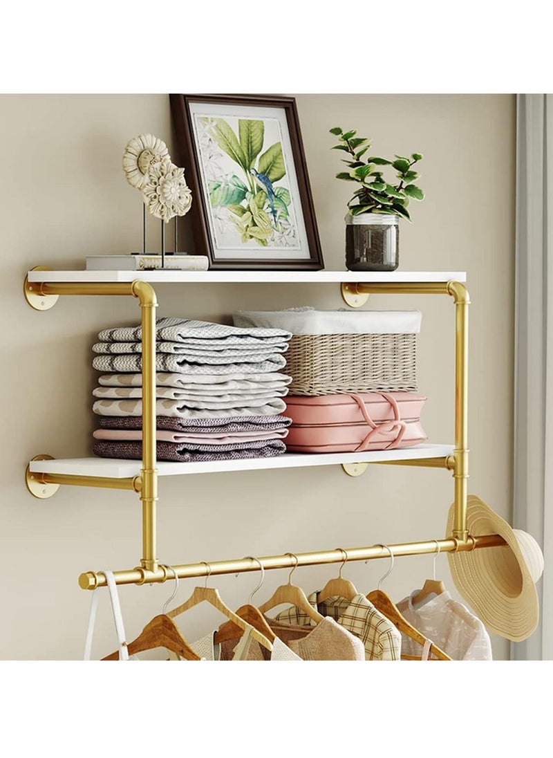 Generic - Industrial Pipe Clothes Rail with Shelf Wall Mounted Clothing Rack Wall Hanging Clothes Display Rack with 2 Tier Shelves Clothes Rail Wall Clothing Rail Pole with Shelves for Bedroom - Image 1