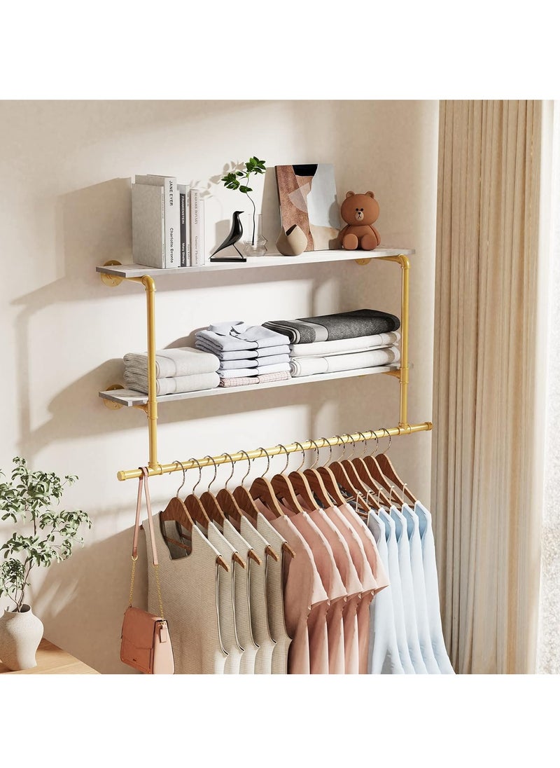 Generic - Industrial Pipe Clothes Rail with Shelf Wall Mounted Clothing Rack Wall Hanging Clothes Display Rack with 2 Tier Shelves Clothes Rail Wall Clothing Rail Pole with Shelves for Bedroom - Image 1