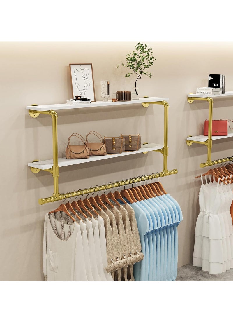 Generic - Industrial Pipe Clothes Rail with Shelf Wall Mounted Clothing Rack Wall Hanging Clothes Display Rack with 2 Tier Shelves Clothes Rail Wall Clothing Rail Pole with Shelves for Bedroom - Image 1