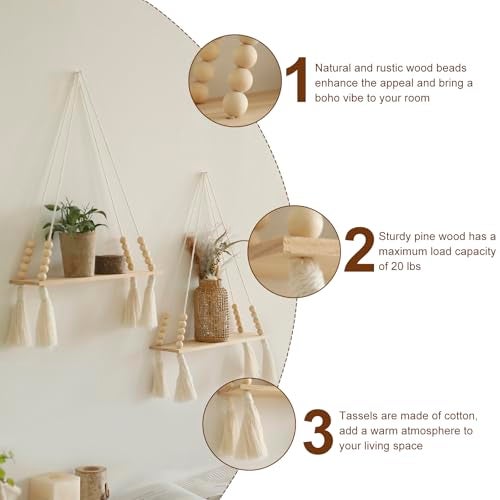 Artilady 2 Pack Wooden Wall Hanging Shelves - Macrame Hanging Plant Shelf with Tassel,Boho Storage Floating Shelves Handmade Rustic Hanger Planter Rack Pot Stand Holder - Image 4