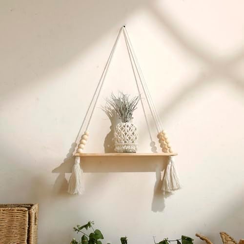 Artilady 2 Pack Wooden Wall Hanging Shelves - Macrame Hanging Plant Shelf with Tassel,Boho Storage Floating Shelves Handmade Rustic Hanger Planter Rack Pot Stand Holder - Image 2