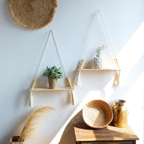 Artilady 2 Pack Wooden Wall Hanging Shelves - Macrame Hanging Plant Shelf with Tassel,Boho Storage Floating Shelves Handmade Rustic Hanger Planter Rack Pot Stand Holder - Image 5