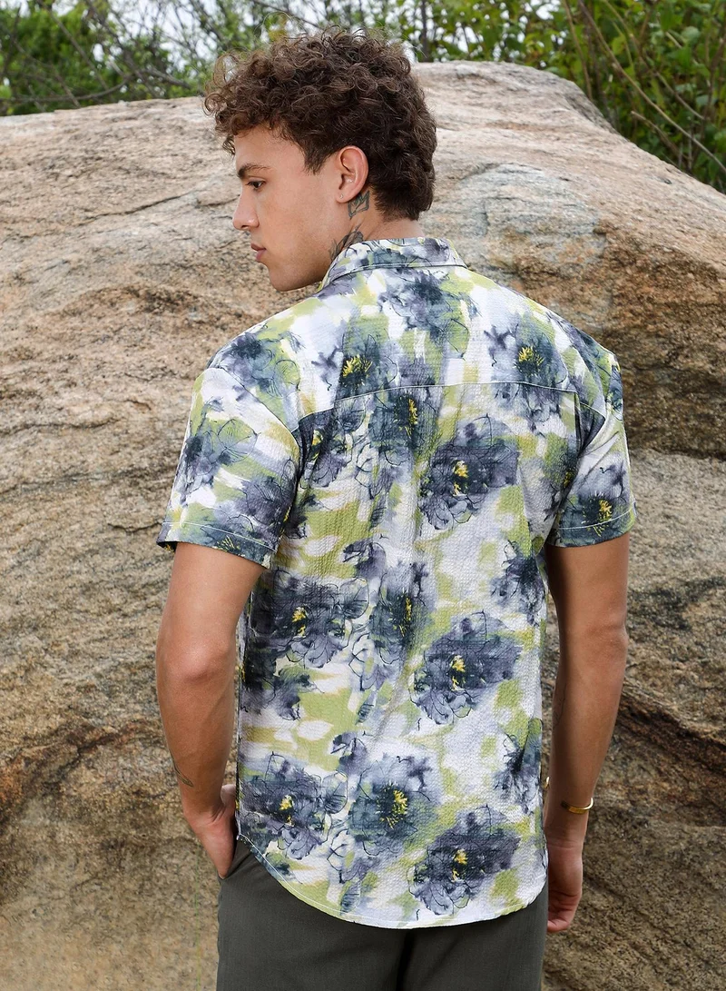 CAHOOT  Men's Navy Blue & Powder White Smudged Botanical Shirt For Casual Wear | Spread Collar | Short Sleeve | Button Closure | Shirt Crafted With Comfort Fit For Everyday Wear for Men | Best Price UAE