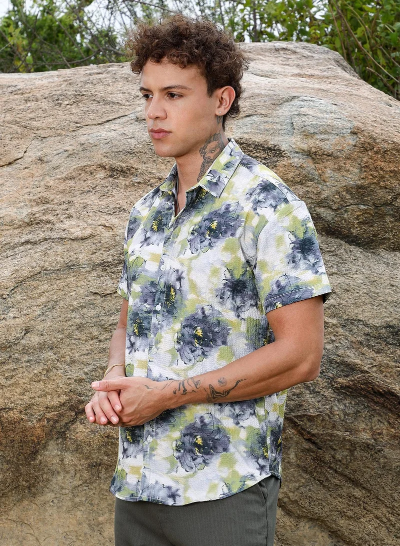 CAHOOT  Men's Navy Blue & Powder White Smudged Botanical Shirt For Casual Wear | Spread Collar | Short Sleeve | Button Closure | Shirt Crafted With Comfort Fit For Everyday Wear for Men | Best Price UAE