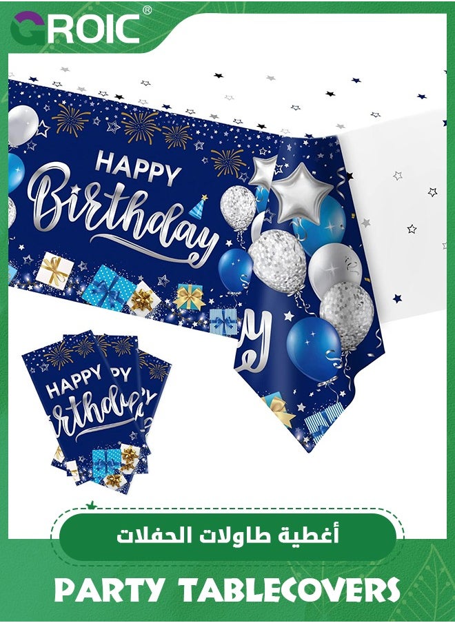 GROIC Happy Birthday Decorations, 3 Pcs Navy Blue and Silver Birthday Tablecloth, Plastic Disposable Rectangle Table Cover for Birthday Party Supplies- 54" x 108"(3 Pcs}  - Image 1