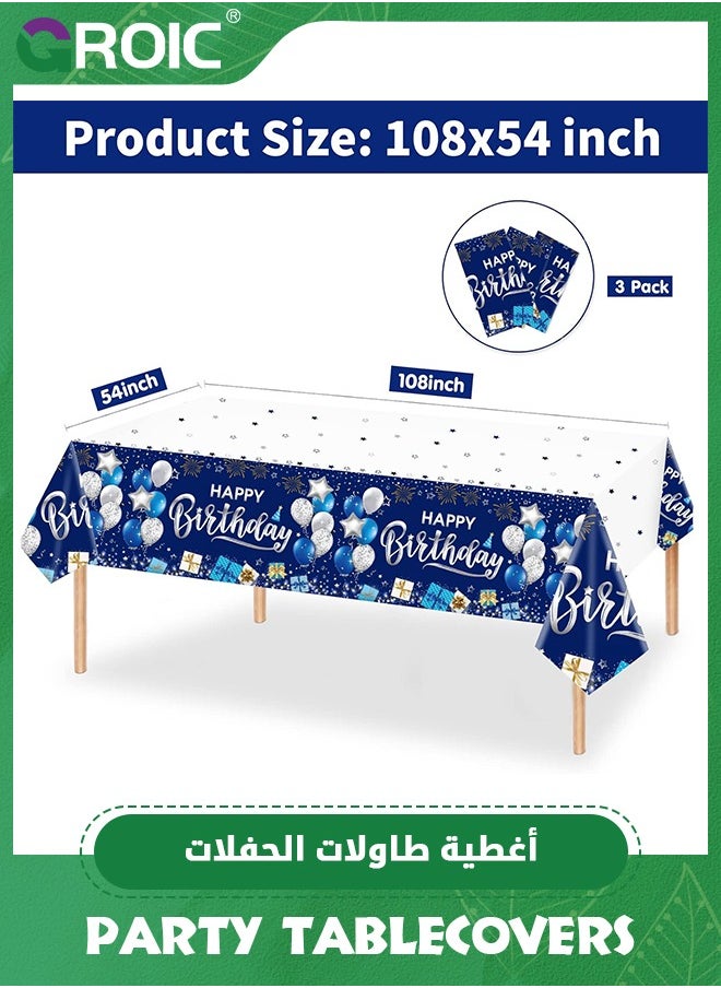 GROIC Happy Birthday Decorations, 3 Pcs Navy Blue and Silver Birthday Tablecloth, Plastic Disposable Rectangle Table Cover for Birthday Party Supplies- 54" x 108"(3 Pcs}  - Image 2