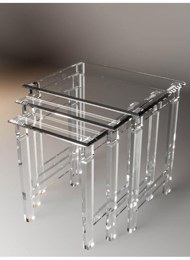 Horoof Market Horoof Home® Modern Acrylic Nesting Table Set - 3 Clear Transparent Tables, Space-Saving Design, Premium 1.2cm Thickness, 60×50×60 cm, Multi-Purpose End Tables for Living Room, Bedroom, ST001  - Image 1