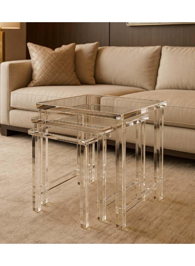 Horoof Market Horoof Home® Modern Acrylic Nesting Table Set - 3 Clear Transparent Tables, Space-Saving Design, Premium 1.2cm Thickness, 60×50×60 cm, Multi-Purpose End Tables for Living Room, Bedroom, ST001  - Image 3