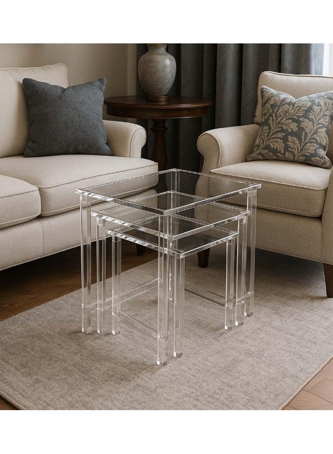 Horoof Market Horoof Home® Modern Acrylic Nesting Table Set - 3 Clear Transparent Tables, Space-Saving Design, Premium 1.2cm Thickness, 60×50×60 cm, Multi-Purpose End Tables for Living Room, Bedroom, ST001  - Image 2