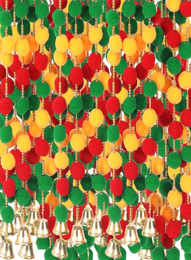 Suncalla 12 Pcs Diwali Pom Pom Garland Decoration 4 FT Marigold Flowers Garland with Golden Bells Mehndi Decor for Home, Diwali Party, Pooja, Indian Wedding, Halloween, Christmas(Colorful) - Image 1