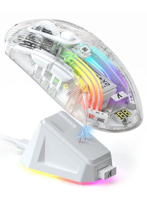 X2 Pro Wireless Gaming Mouse with RGB Charging Dock,Tri-Mode PC Gaming Mice 2.4G/Bluetooth/Wired,Noiseless Mouse RGB Backlit,Transparent Shell,PixArt 3212 4000 DPI,for Win/MAC,White