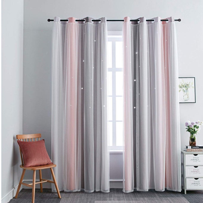 OMBRE RAINBOW BLACKOUT CURTAINS FOR KID GIRLS BEDROOM LIVING ROOM DARKING STRIPE DOUBLE LAYER STAR CUT OUT WALL HOME DECOR GRADIENT GROMMET WINDOW CURTAINS PINKGREY 52W X 72L