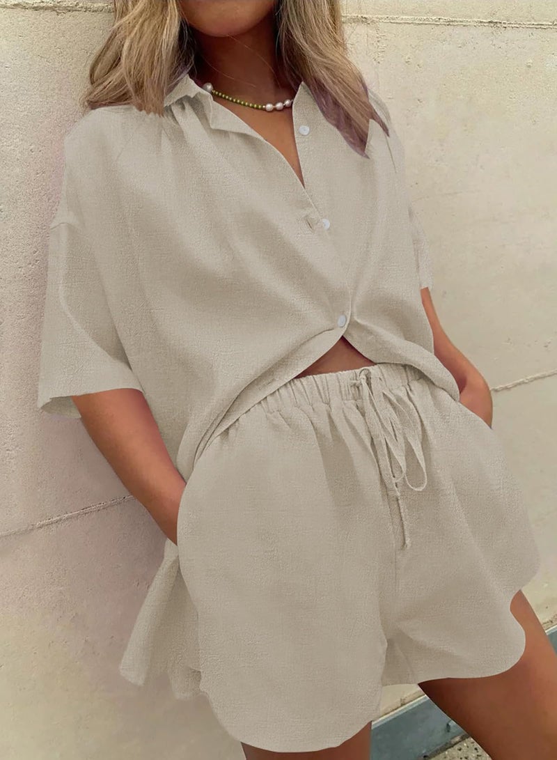 Fixmatti Women's 2 Piece Y2k Outfits Short Sleeve Button Down Blouse Shirt and Shorts Set Streetwear Khaki M - Image 4
