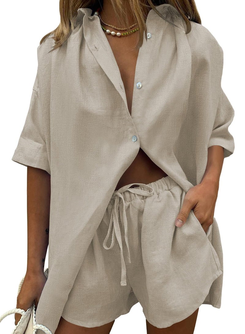 Fixmatti Women's 2 Piece Y2k Outfits Short Sleeve Button Down Blouse Shirt and Shorts Set Streetwear Khaki M - Image 1