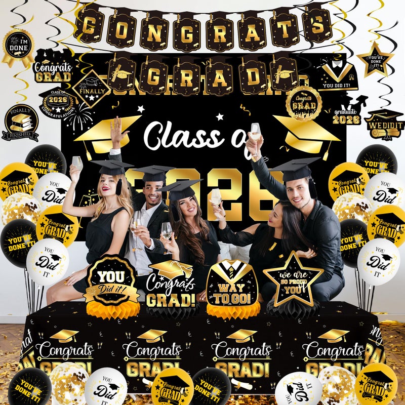 DMIGHT Graduation Decorations 2026, Class of 2026 Backdrop, Banner, 2026 Foil Balloons, Tablecloth, Hanging Swirls, Honeycomb Centerpieces, Party Supplies Decorations Set for College (Black ang GOLD) - Image 3