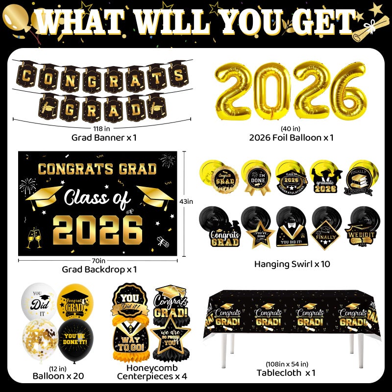 DMIGHT Graduation Decorations 2026, Class of 2026 Backdrop, Banner, 2026 Foil Balloons, Tablecloth, Hanging Swirls, Honeycomb Centerpieces, Party Supplies Decorations Set for College (Black ang GOLD) - Image 2