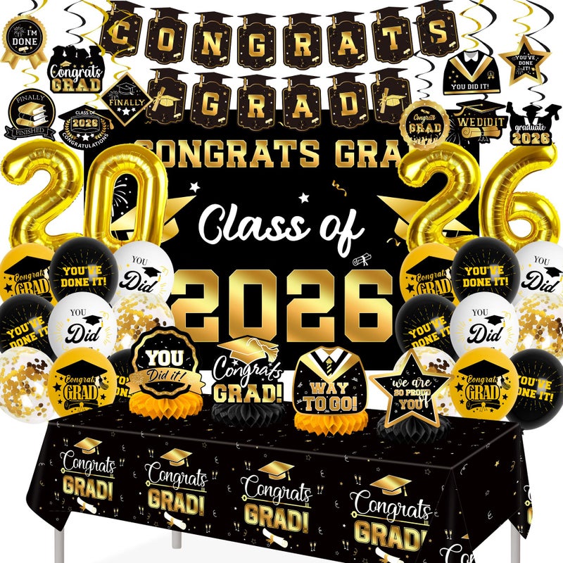 DMIGHT Graduation Decorations 2026, Class of 2026 Backdrop, Banner, 2026 Foil Balloons, Tablecloth, Hanging Swirls, Honeycomb Centerpieces, Party Supplies Decorations Set for College (Black ang GOLD) - Image 1