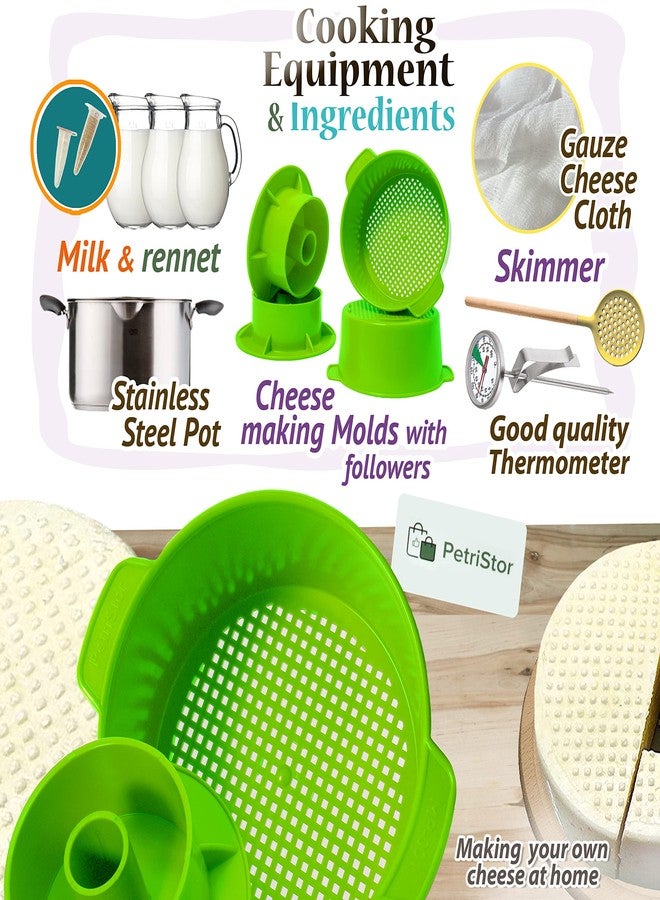 بتريستور قالبان لصنع الجبن، لون أخضر، مزودان بمكبس دافع - لوازم صنع الجبن - قالب لتشكيل الجبن - قطعة قماش قطنية للتصفية - قالب لصنع الجبن المنزلي - Image 4