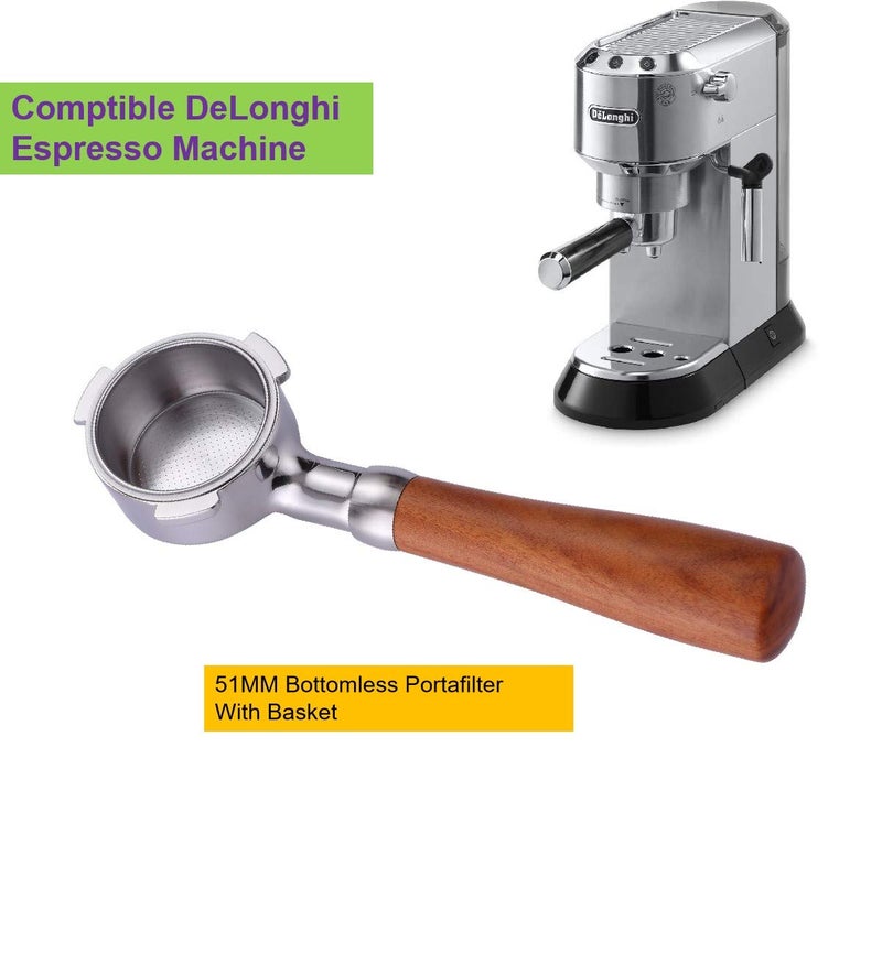 Joytata 51mm Bottomless Portafilter Fits DeLonghi EC680 and EC685 Espresso Machine Stainless Steel Naked Portafilter Along with Double Shot Filter Basket Coffee Bottomless Handle-Wooden - Image 5