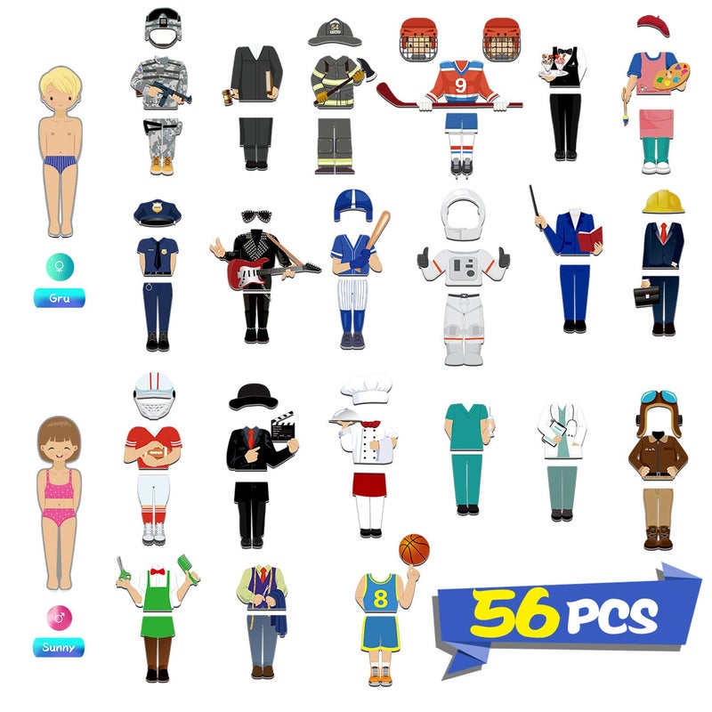 SpriteGru 56 PCS Magnetic Dress-up Pretend Play Doll Set with 21 Occupations Jobs, Perfect for Preschool Learning - Image 2