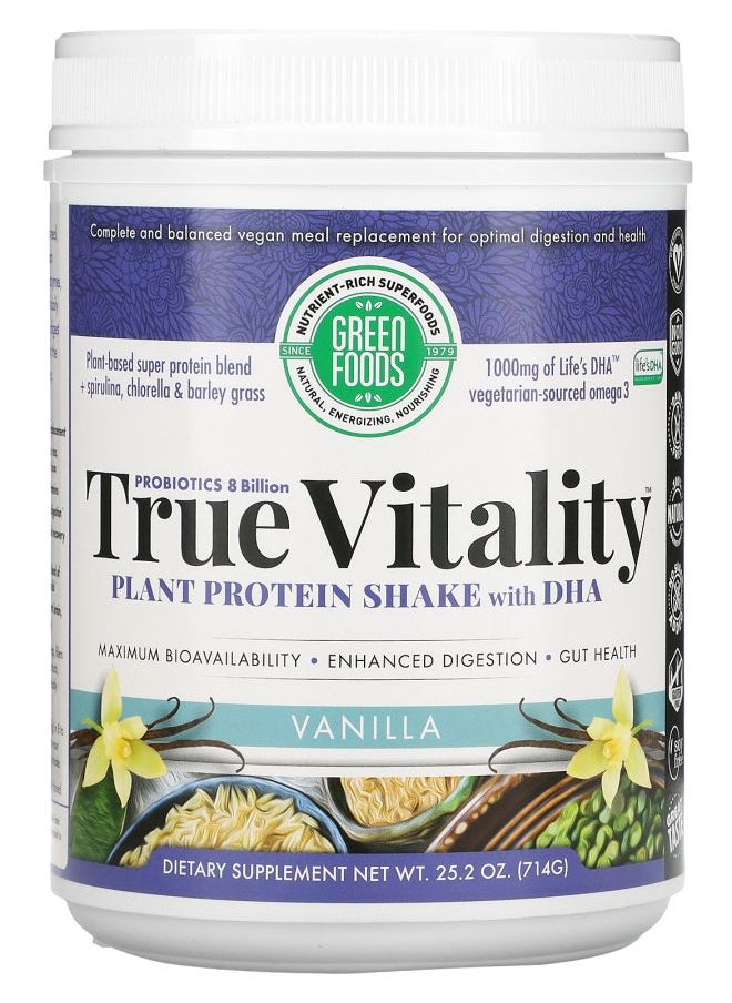 Green Foods True Vitality Plant Protein Shake with DHA Vanilla 25.2 oz (714 g) 