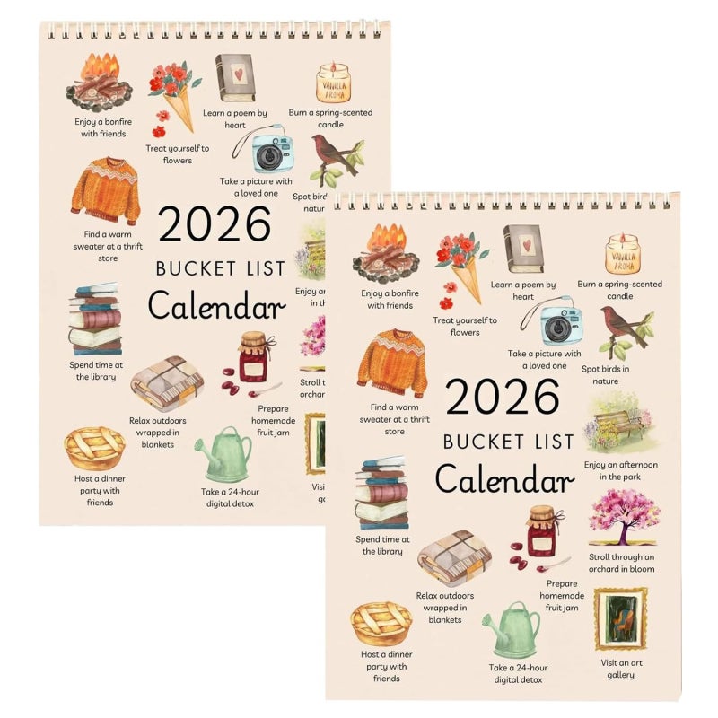 Bucket List Calendar: Beige 2 Pack Monthly Wish List Prompts - Exquisite Illustrations Goal Setting Calendar for Personal Growth Mindfulness Family Organization - Image 1