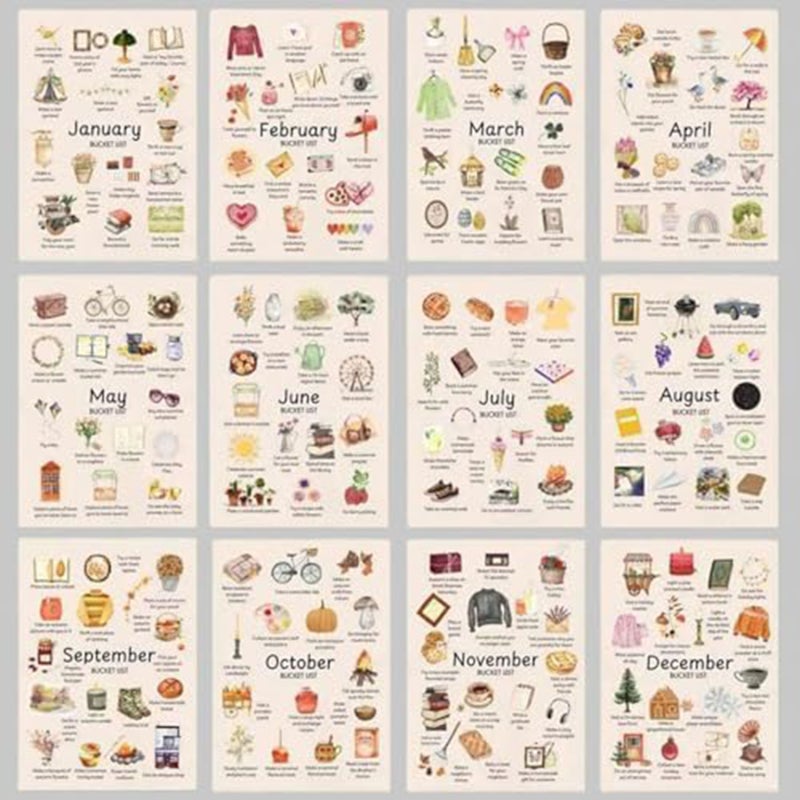 Bucket List Calendar: Beige 2 Pack Monthly Wish List Prompts - Exquisite Illustrations Goal Setting Calendar for Personal Growth Mindfulness Family Organization - Image 2
