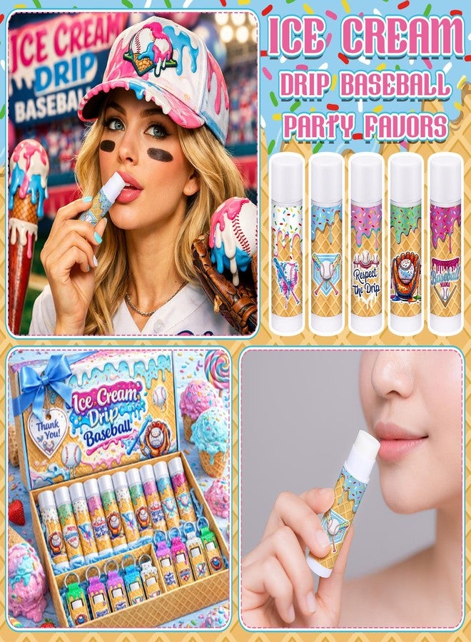 Siifert 50pcs/25 Baseball Drip Party Favors Gifts Bulk, Ice Cream Drip Baseball Lip Balm and Holder Keychain Ice Cream Softball Team Gifts Goodie Bags for Sports End of Season Team Teen Adult - Image 4