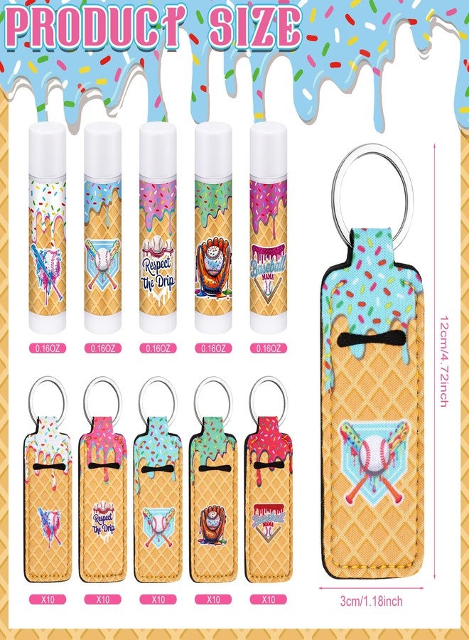 Siifert 50pcs/25 Baseball Drip Party Favors Gifts Bulk, Ice Cream Drip Baseball Lip Balm and Holder Keychain Ice Cream Softball Team Gifts Goodie Bags for Sports End of Season Team Teen Adult - Image 2