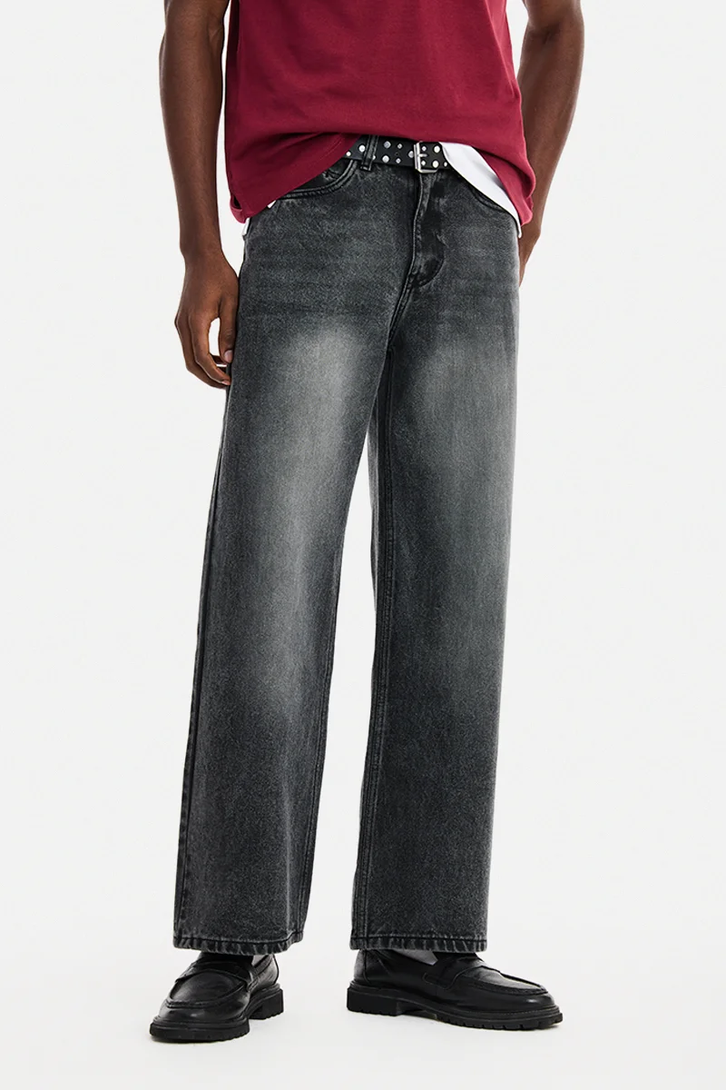 SNITCH Grey Solid Wide Leg Streetwear Jeans