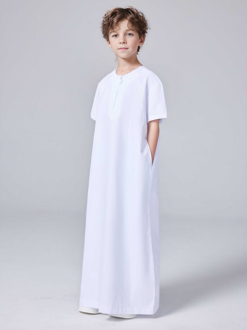Solid Color  Boys Short Sleeve Zip-Up Shirt  Thobe - Image 1