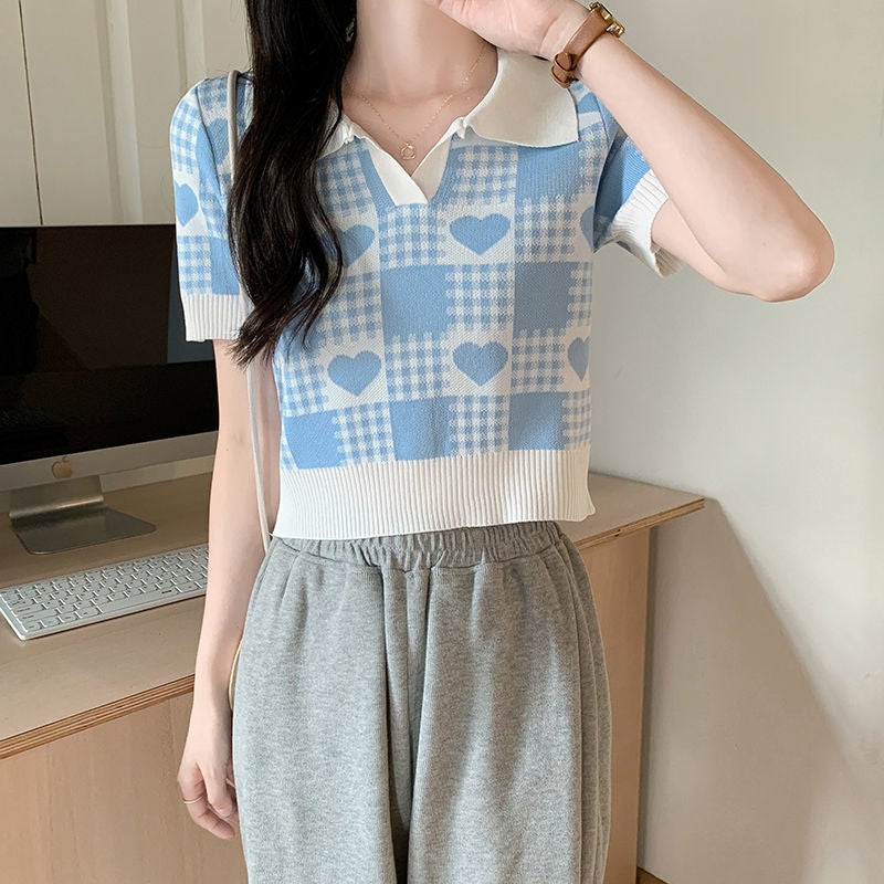 Chic Slim-Fit Knit Polo Tee for Women Blue  - Image 1