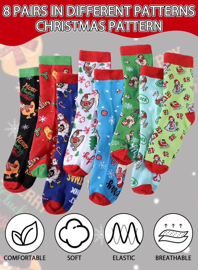 جوارب شيوين القطنية المزينة برسومات دجاج عيد الميلاد، ٨ أزواج، للبالغين والمراهقين، هدية رائعة لمحبي الدجاج، جوارب قطنية طويلة، مثالية كحشو جوارب عيد الميلاد للمزارعين وأصحاب المنازل الريفية. - Image 3