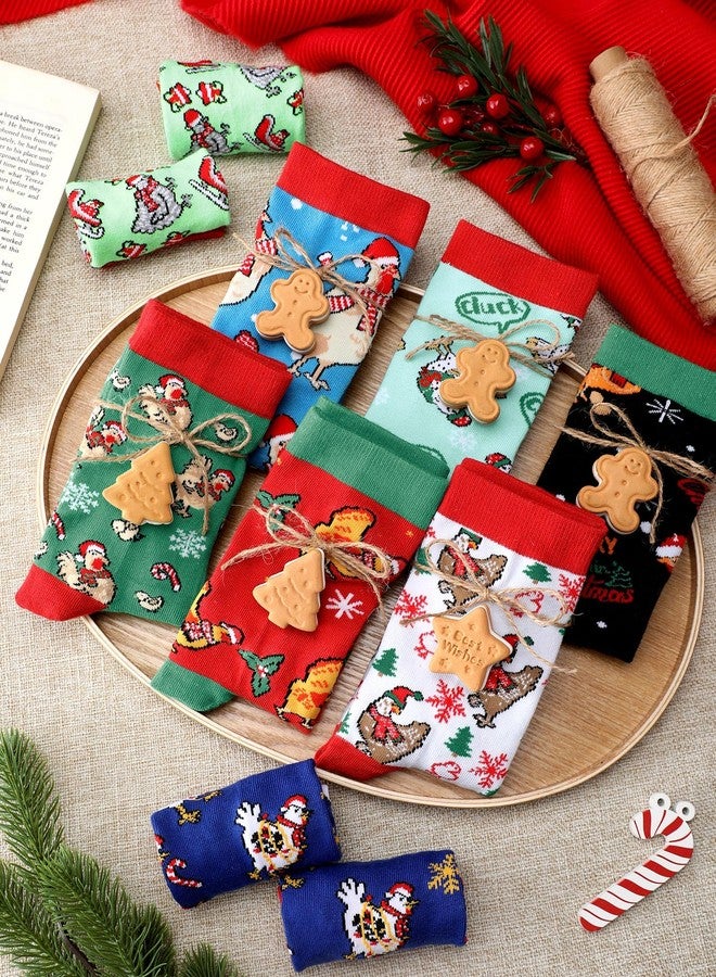 جوارب شيوين القطنية المزينة برسومات دجاج عيد الميلاد، ٨ أزواج، للبالغين والمراهقين، هدية رائعة لمحبي الدجاج، جوارب قطنية طويلة، مثالية كحشو جوارب عيد الميلاد للمزارعين وأصحاب المنازل الريفية. - Image 5