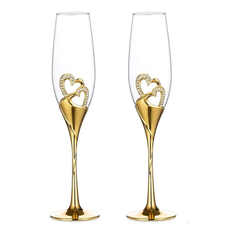Sziqiqi Wedding Champagne Glass Set Gold Toasting Flute Glasses Deluxe Pack of 2 with Rhinestone Rimmed Hearts Decoration for Wedding Anniversary and Special Occasions 