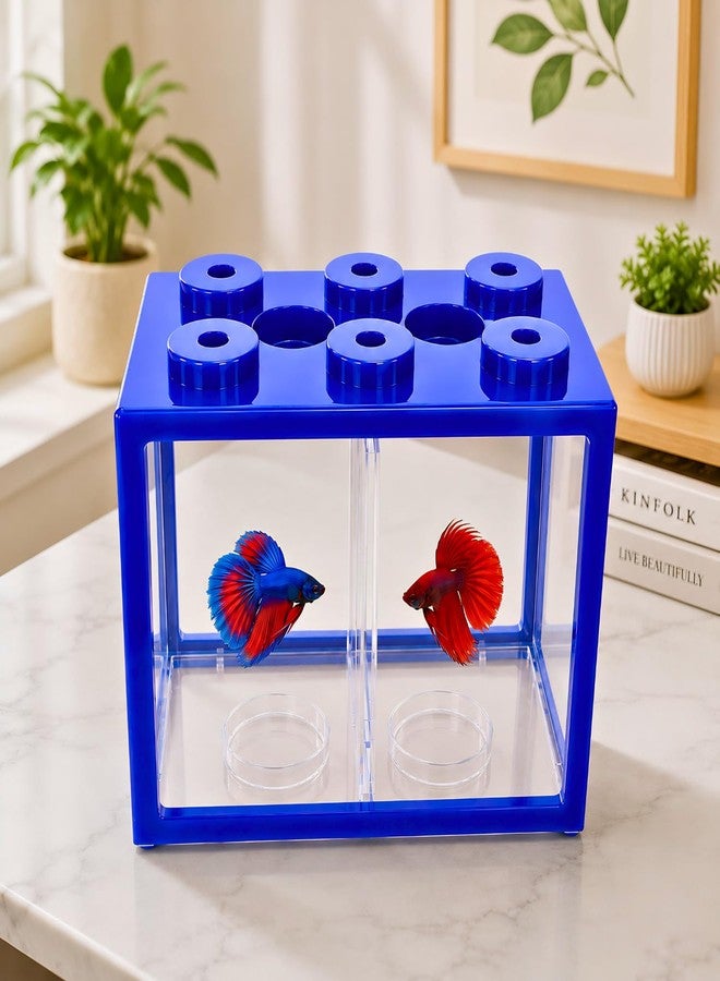 VAYINATO BT-102 Transparent Acrylic Betta Tank with Divider | Random Colour | 2-in-1 Betta Block Mini Fish Aquarium with Lid | Desktop Fish Bowl for Betta, Guppy & Shrimp | Home & Office Decor - Image 1