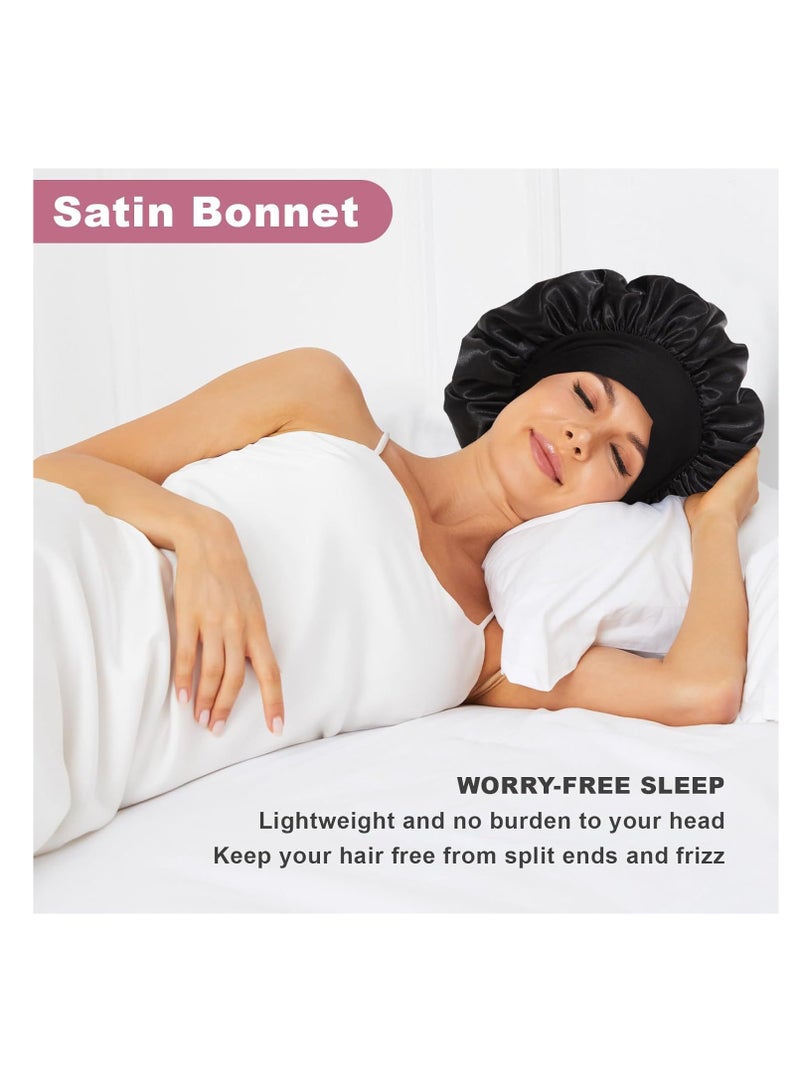 2pcs Satin Elastic Band Sleep Caps, Skin-Friendly Breathable Soft Polyester Silk Wide Hat, Curly Wrap Sleep Caps For All Length Thick Curly Hair (Black+Blue)  - Image 3