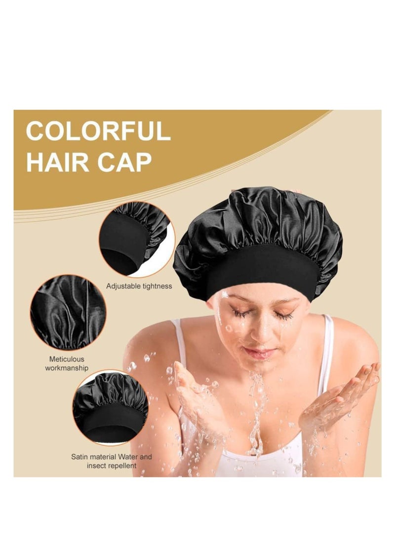 2pcs Satin Elastic Band Sleep Caps, Skin-Friendly Breathable Soft Polyester Silk Wide Hat, Curly Wrap Sleep Caps For All Length Thick Curly Hair (Black+Blue)  - Image 2