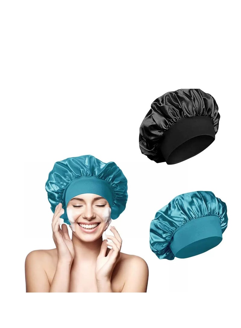 2pcs Satin Elastic Band Sleep Caps, Skin-Friendly Breathable Soft Polyester Silk Wide Hat, Curly Wrap Sleep Caps For All Length Thick Curly Hair (Black+Blue)  - Image 1